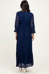 Navy Floral Lace 3/4 Ruffle Sleeve V-Neck Maxi Dress