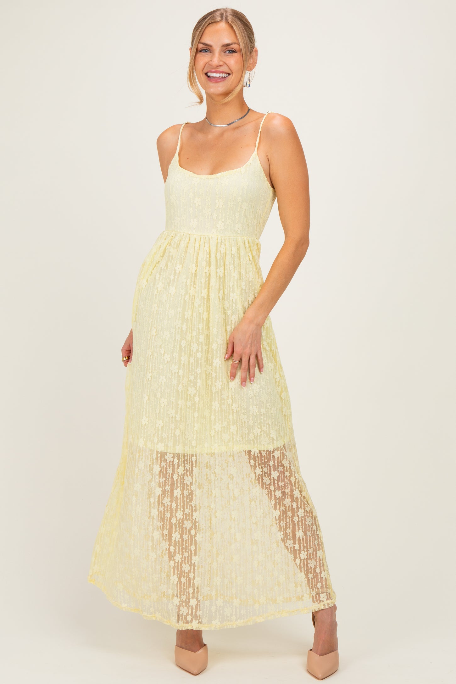 Yellow Sleeveless Lace Maxi Dress