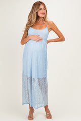 Light Blue Sleeveless Lace Maternity Maxi Dress
