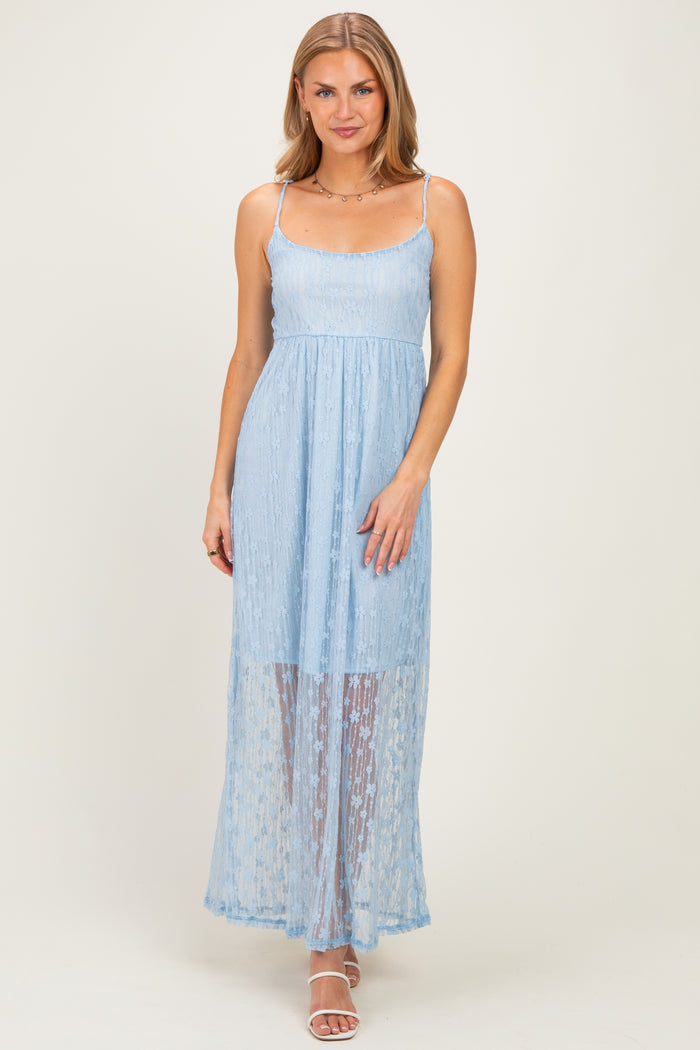 Light Blue Sleeveless Lace Maternity Maxi Dress