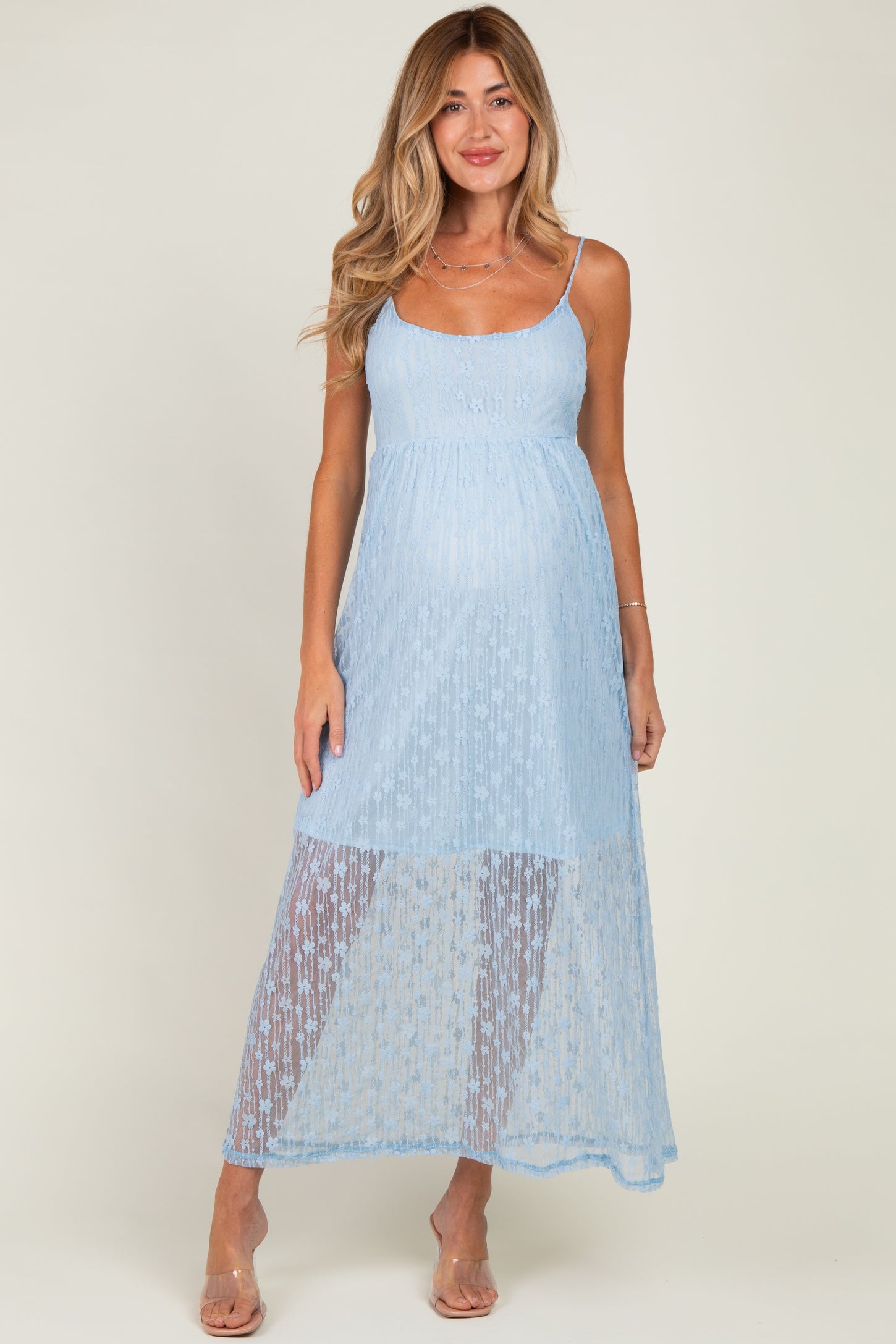 Light Blue Sleeveless Lace Maternity Maxi Dress