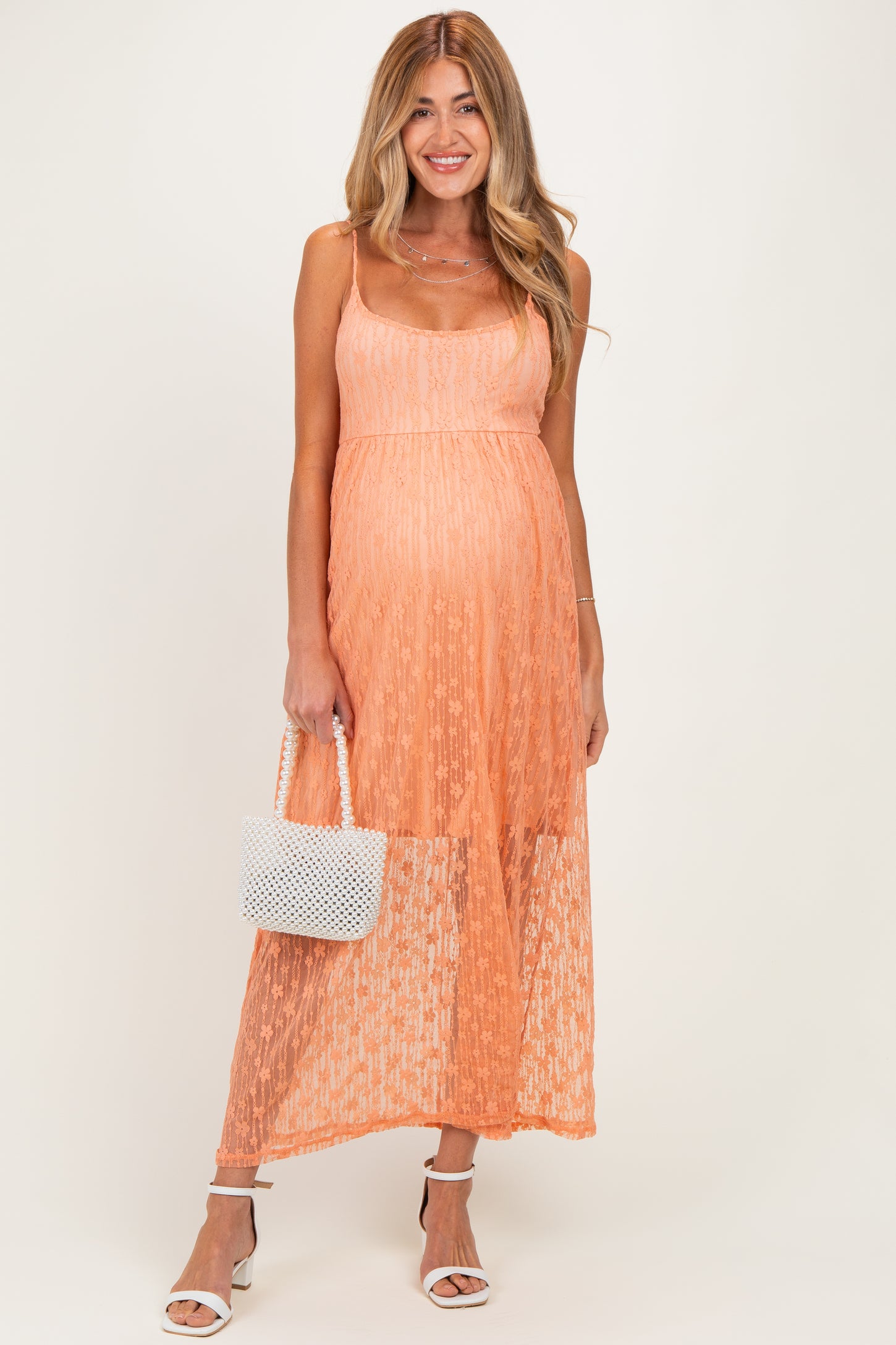Peach Sleeveless Lace Maternity Maxi Dress