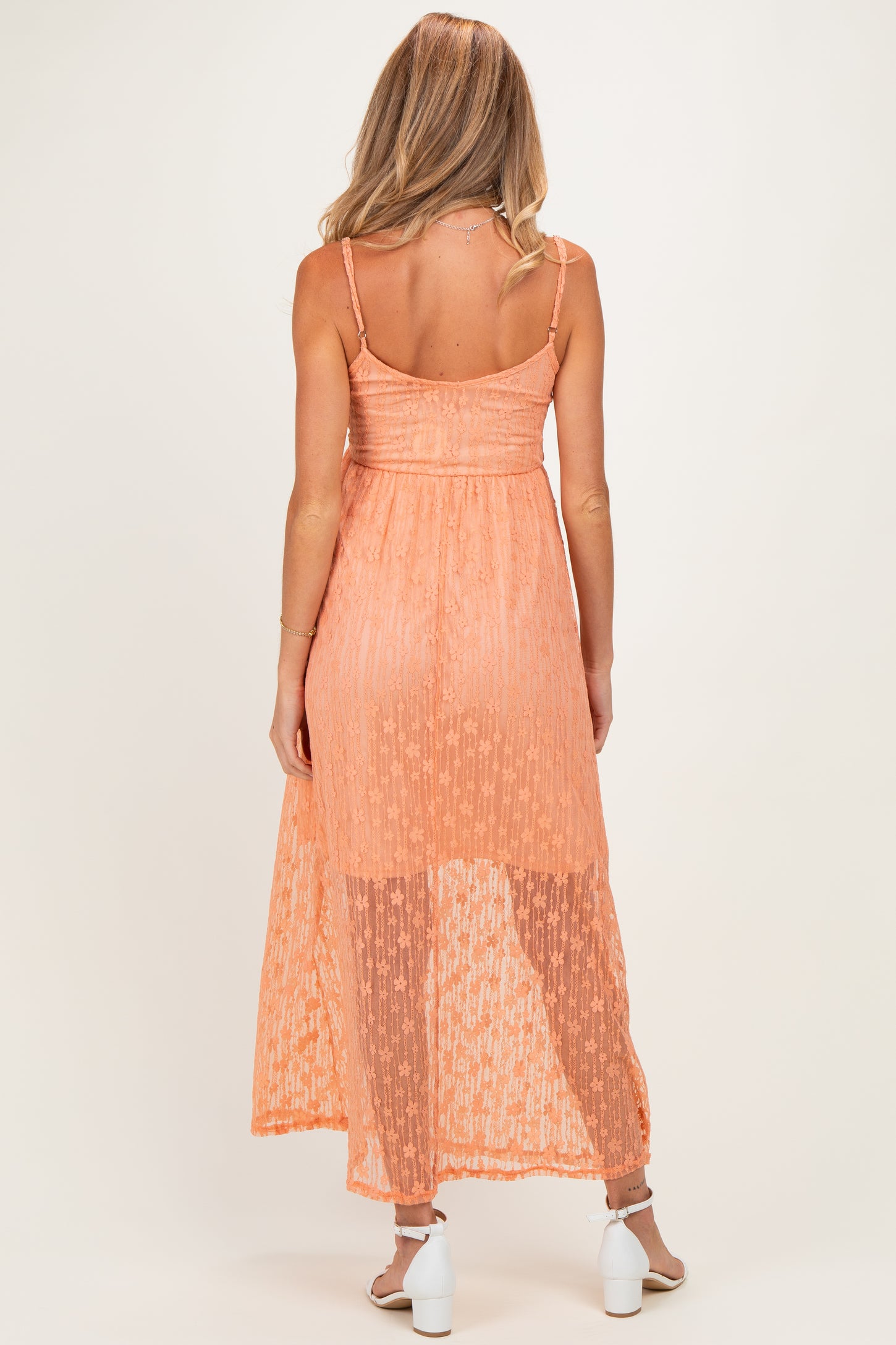 Peach Sleeveless Lace Maternity Maxi Dress