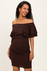 Brown Off Shoulder Ruched Maternity Dress
