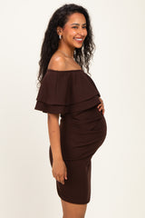 Brown Off Shoulder Ruched Maternity Dress