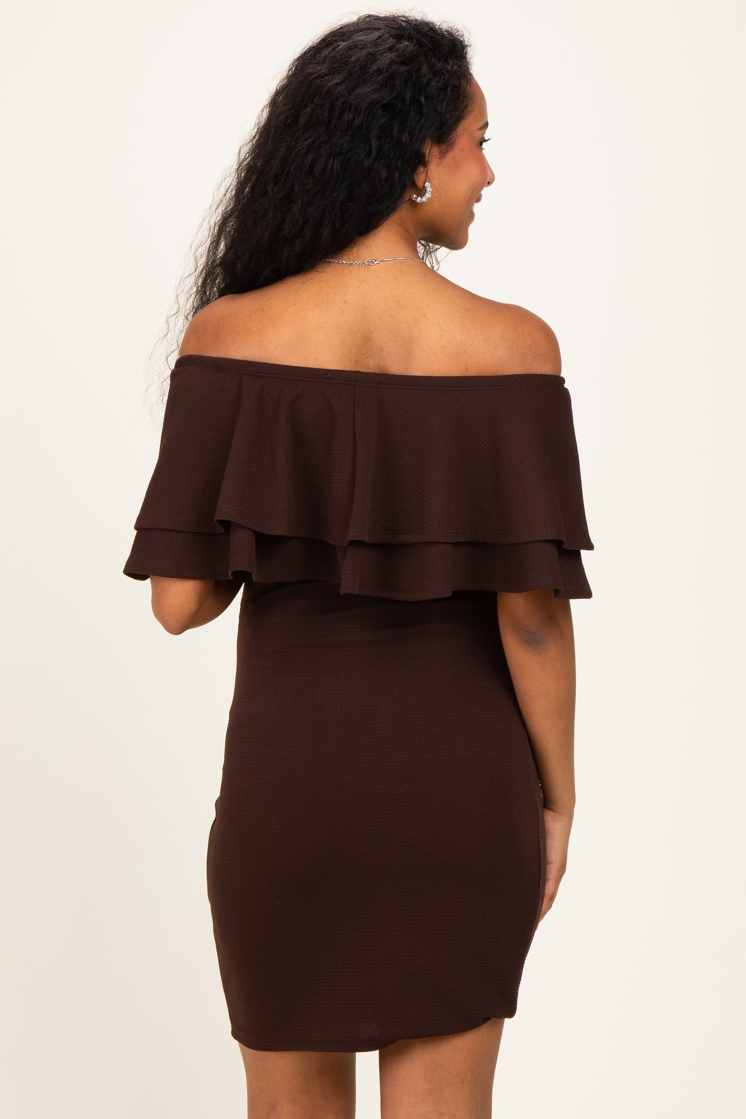 Brown Off Shoulder Ruched Maternity Dress