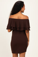 Brown Off Shoulder Ruched Maternity Dress