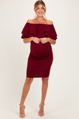 Burgundy Off Shoulder Ruched Maternity Dress