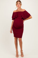 Burgundy Off Shoulder Ruched Maternity Dress