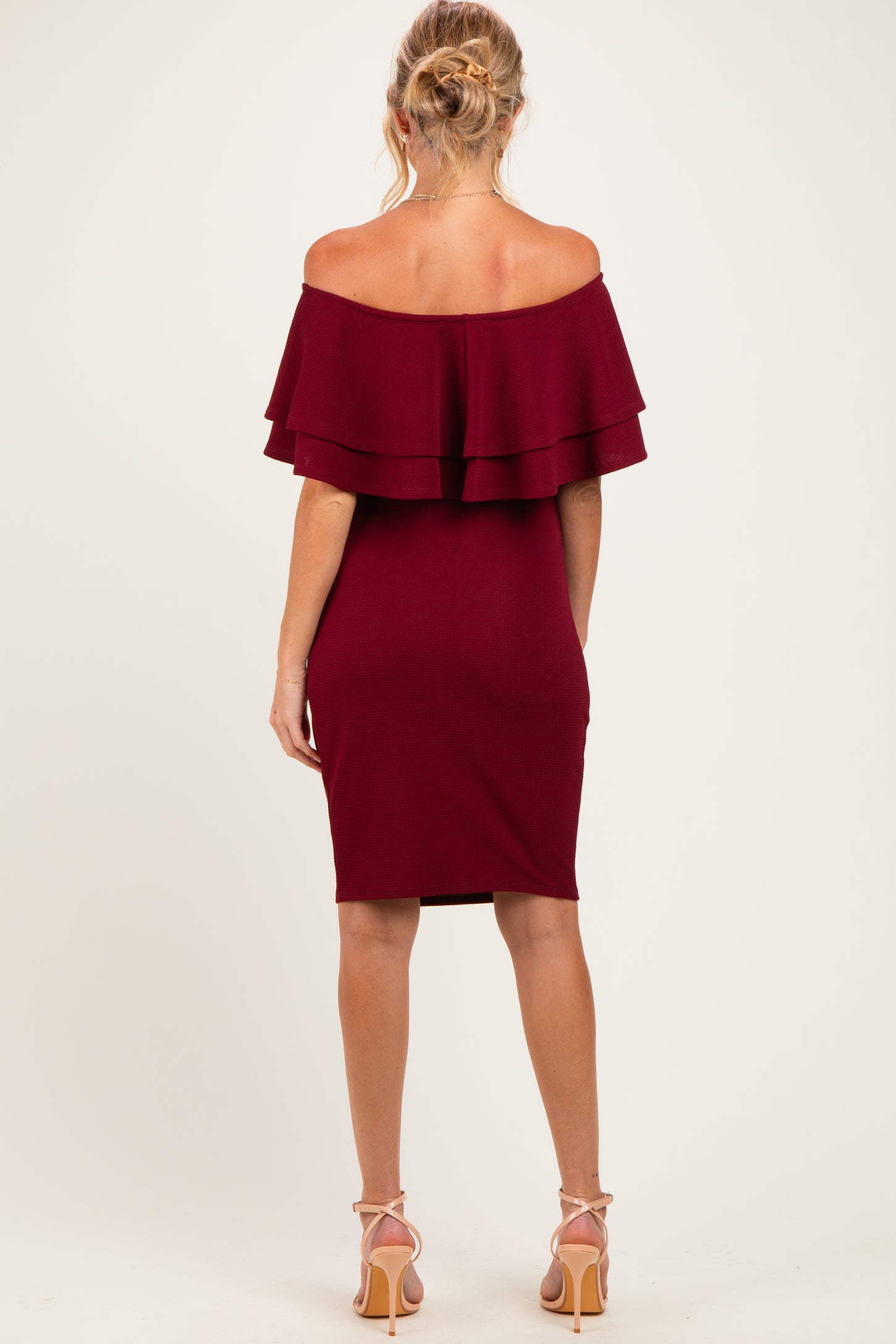 Burgundy Off Shoulder Ruched Maternity Dress