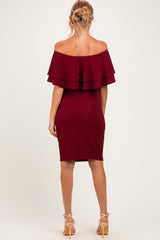 Burgundy Off Shoulder Ruched Maternity Dress