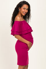 Magenta Off Shoulder Ruched Maternity Dress