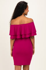 Magenta Off Shoulder Ruched Maternity Dress