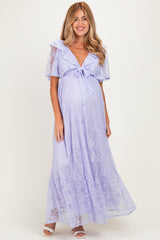 Lavender Lace Flutter Sleeve Tiered Maternity Maxi Dress