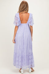 Lavender Lace Flutter Sleeve Tiered Maternity Maxi Dress