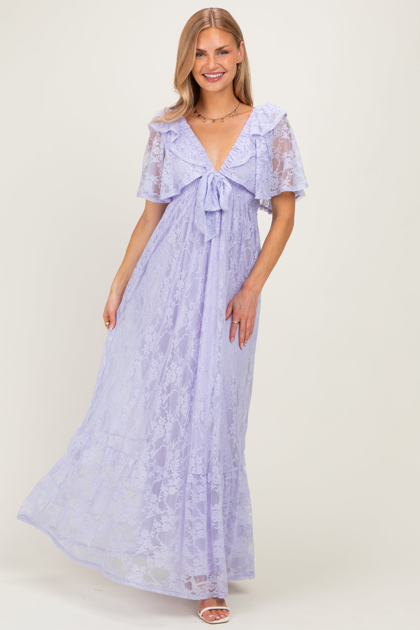 Lavender Lace Flutter Sleeve Tiered Maternity Maxi Dress