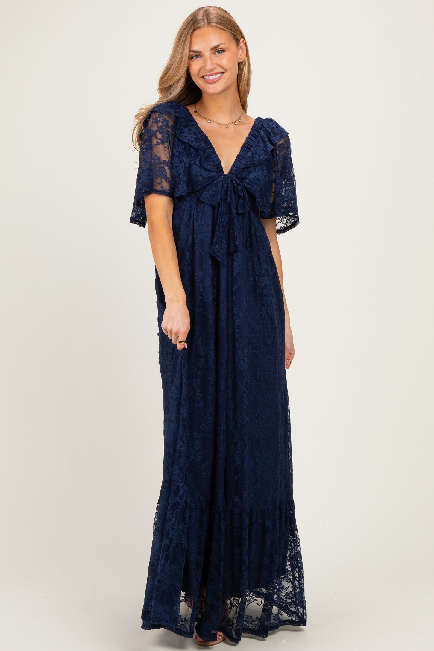 Navy Lace Flutter Sleeve Tiered Maternity Maxi Dress