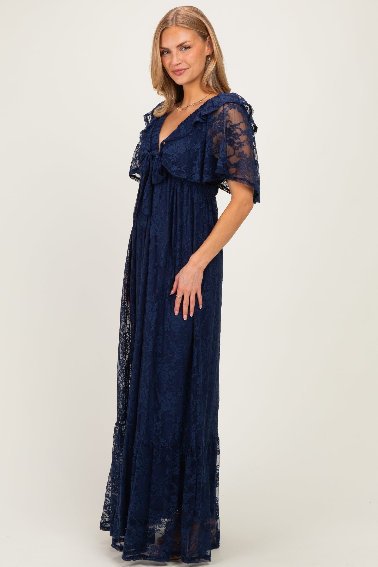 Navy Lace Flutter Sleeve Tiered Maxi Dress