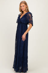 Navy Lace Flutter Sleeve Tiered Maxi Dress