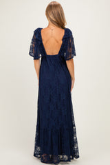 Navy Lace Flutter Sleeve Tiered Maxi Dress
