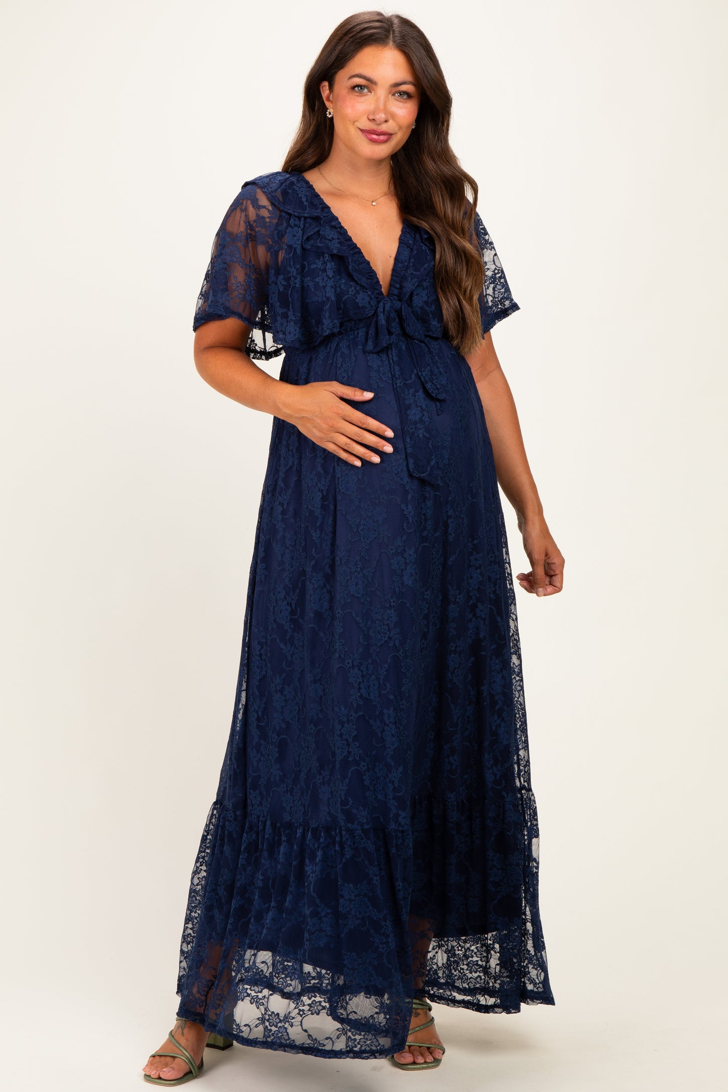 Navy Lace Flutter Sleeve Tiered Maternity Maxi Dress