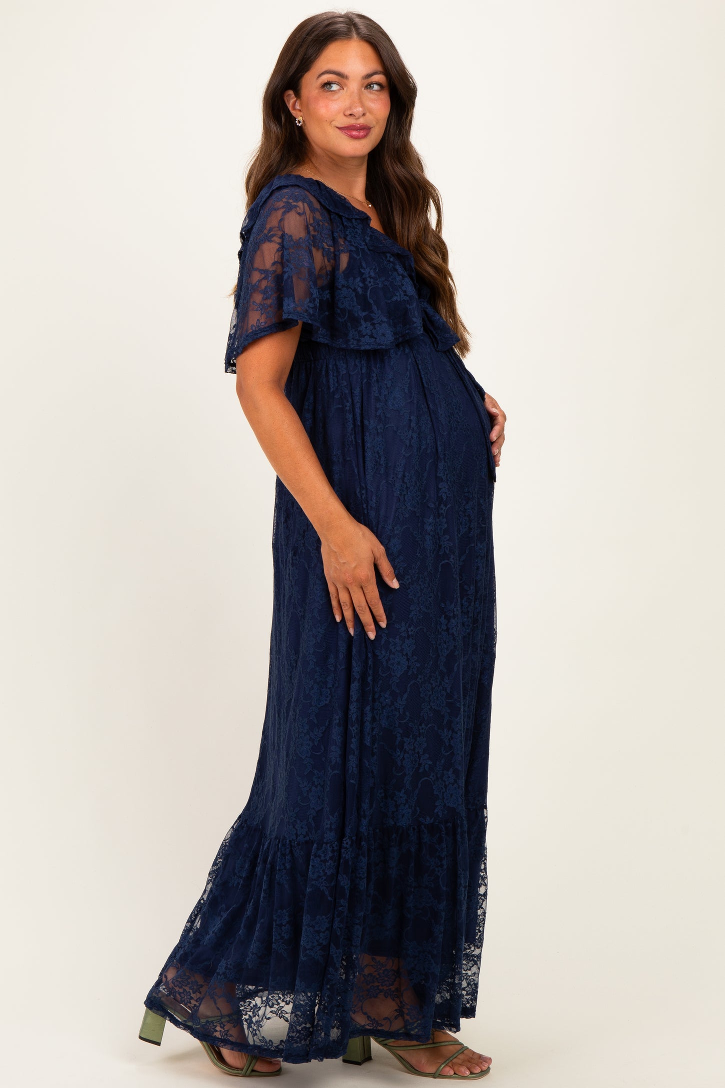 Navy Lace Flutter Sleeve Tiered Maternity Maxi Dress