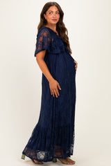 Navy Lace Flutter Sleeve Tiered Maternity Maxi Dress