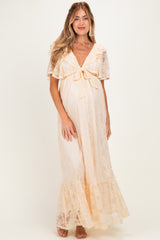 Beige Lace Flutter Sleeve Tiered Maternity Maxi Dress
