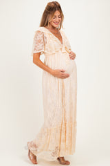 Beige Lace Flutter Sleeve Tiered Maternity Maxi Dress