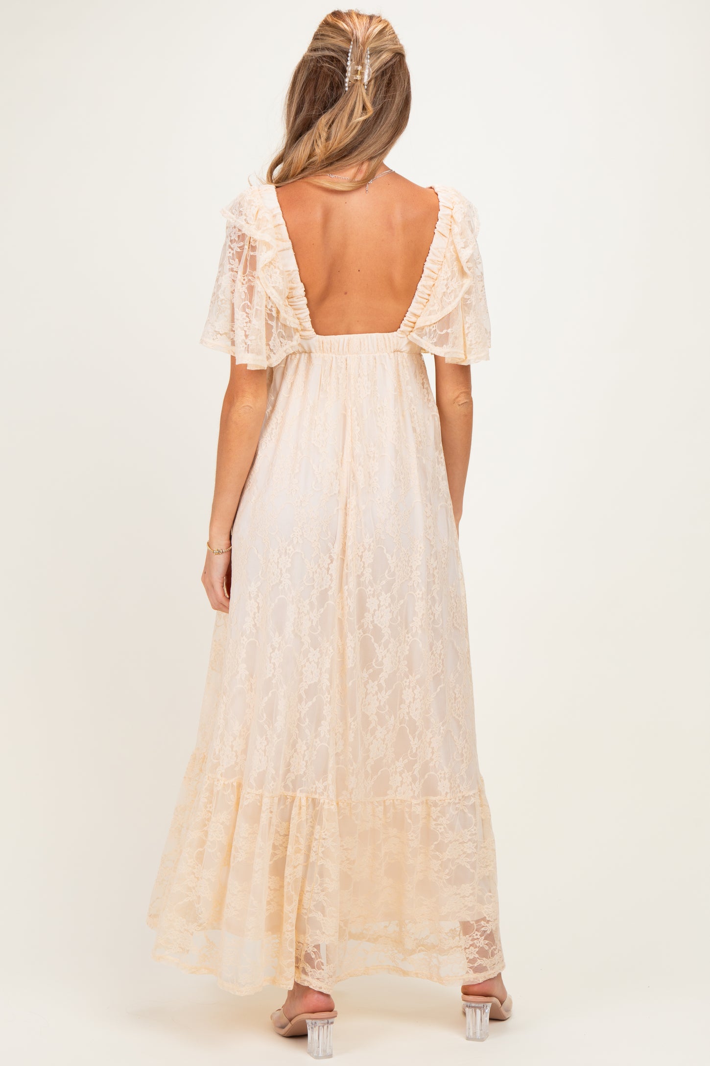 Beige Lace Flutter Sleeve Tiered Maternity Maxi Dress