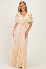 Beige Lace Flutter Sleeve Tiered Maternity Maxi Dress