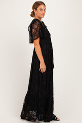 Black Lace Flutter Sleeve Tiered Maxi Dress
