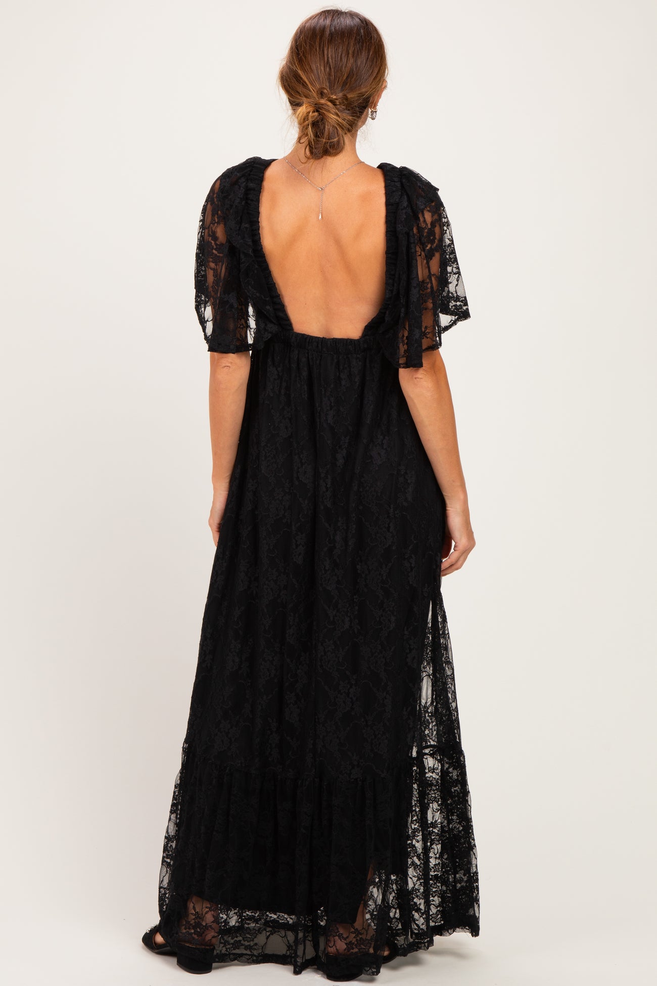 Black Lace Flutter Sleeve Tiered Maxi Dress