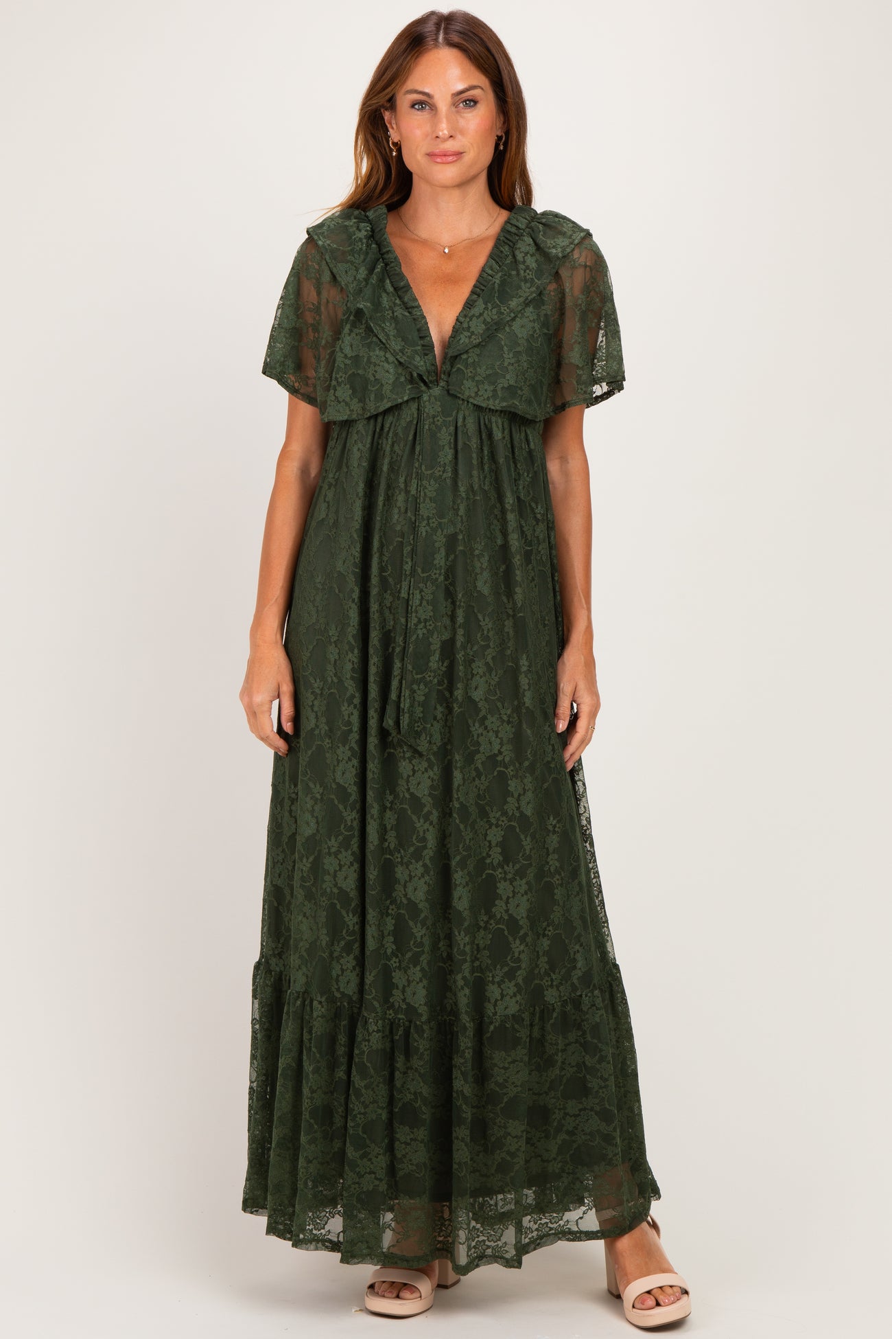 Olive Lace Flutter Sleeve Tiered Maxi Dress