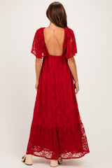 Red Lace Flutter Sleeve Tiered Maxi Dress
