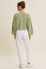 Pistachio Waffle Knit Balloon Sleeve Cardigan