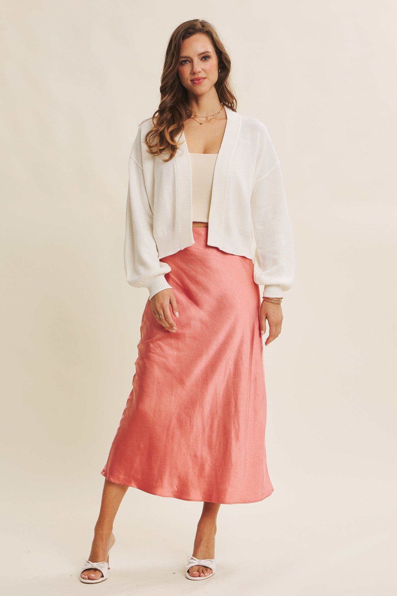 Cream Waffle Knit Balloon Sleeve Cardigan