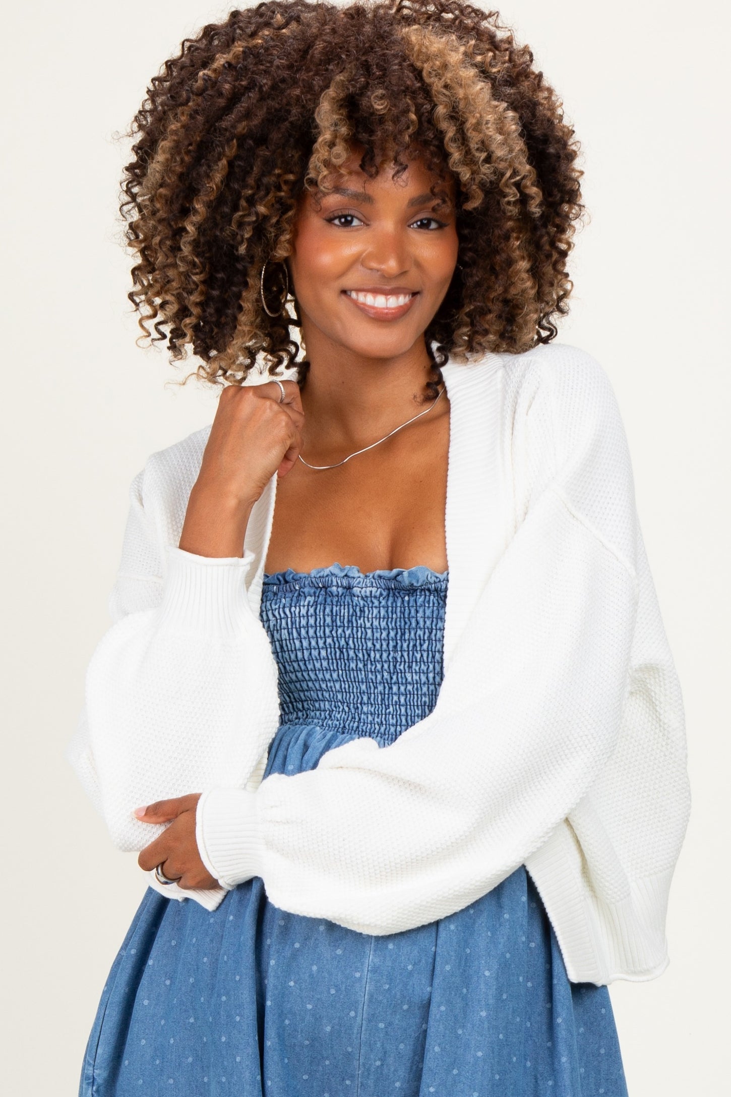 Cream Waffle Knit Balloon Sleeve Maternity Cardigan