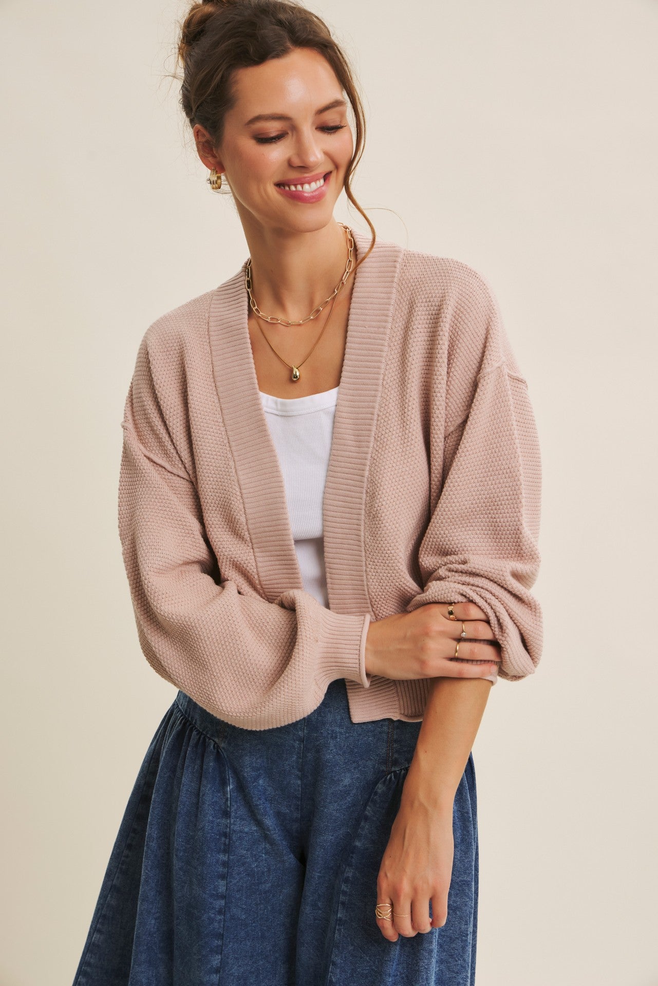 Blush Waffle Knit Balloon Sleeve Cardigan