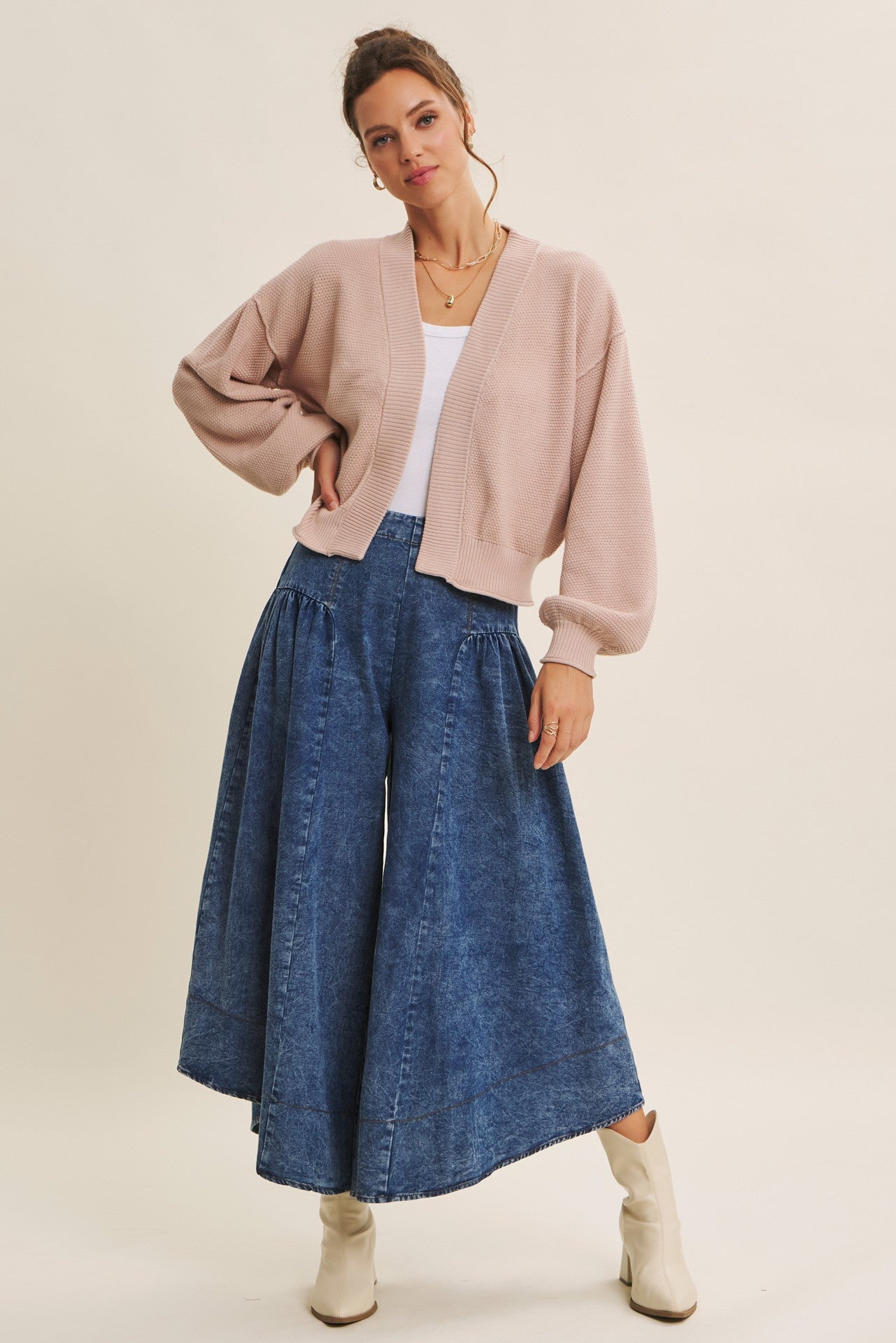 Blush Waffle Knit Balloon Sleeve Cardigan