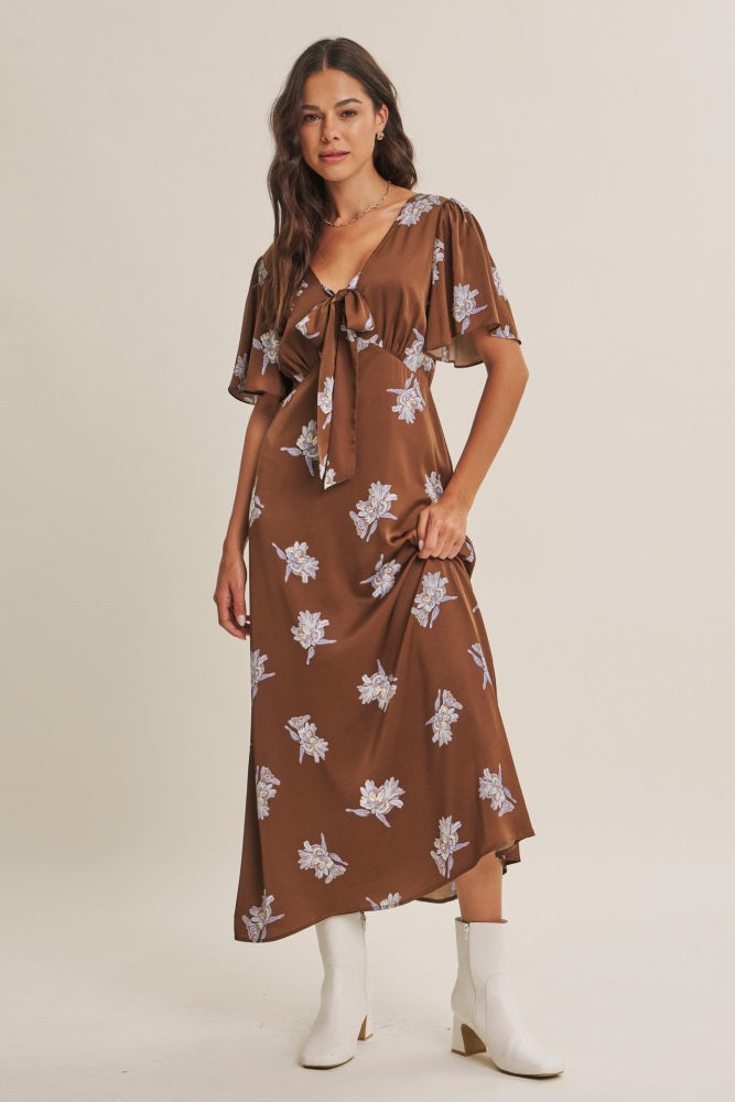 Brown Satin Floral Flutter Sleeve Midi Dress