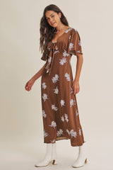 Brown Satin Floral Flutter Sleeve Midi Dress