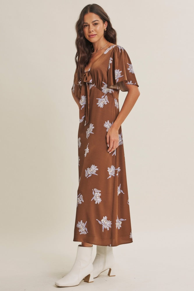 Brown Satin Floral Flutter Sleeve Midi Dress