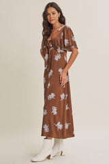 Brown Satin Floral Flutter Sleeve Midi Dress