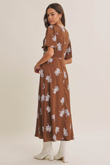 Brown Satin Floral Flutter Sleeve Midi Dress