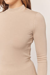 Light Taupe Mock Neck Ribbed Knit Top