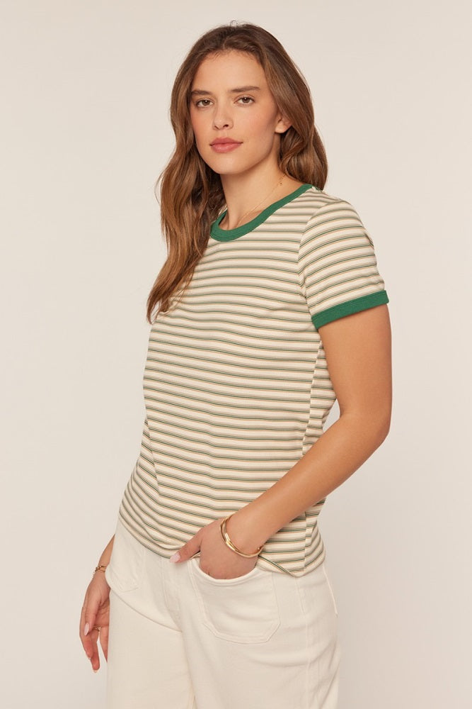 woman wearing a cream and olive green striped t-shirt with short sleeves and a round neckline