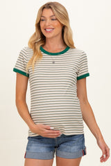 Green Striped Ribbed Knit Maternity T-Shirt
