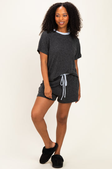 Charcoal Melange Knit Short Sleeve Top Shorts Set