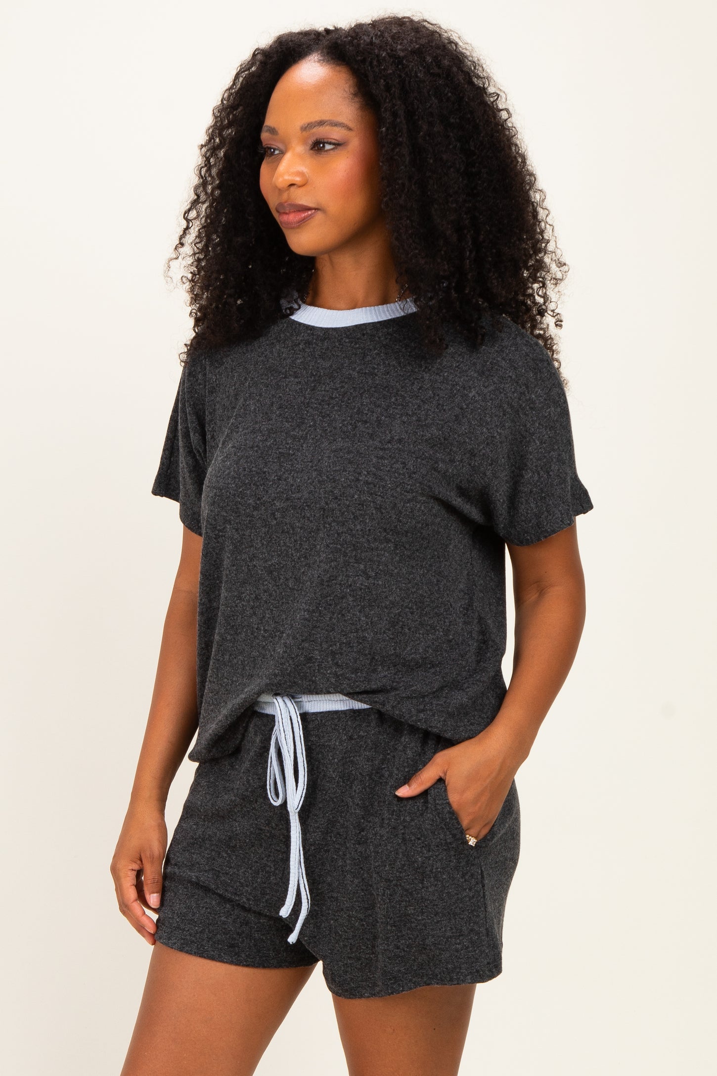 Charcoal Melange Knit Short Sleeve Top Shorts Set